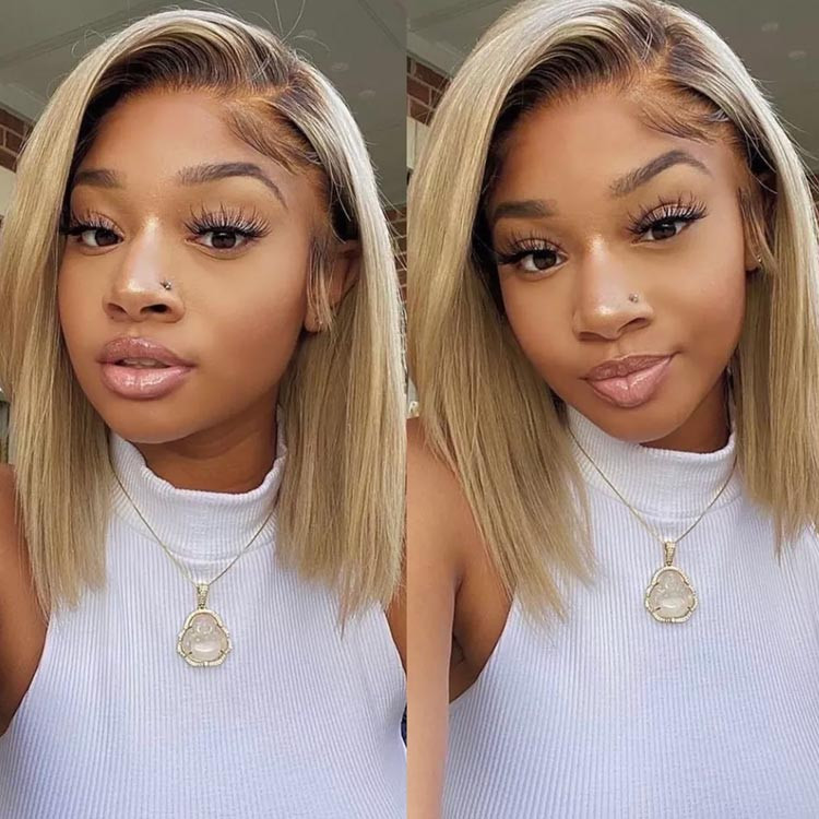 Short blonde wig with dark roots on sale