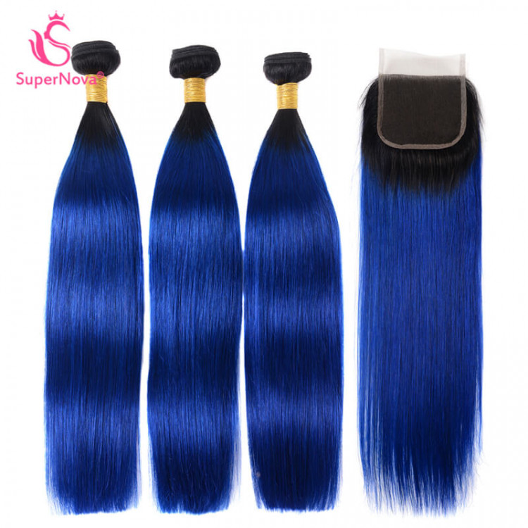 Ombre 1B Blue Straight 3 Weaves With Lace Closure SuperNova Hair