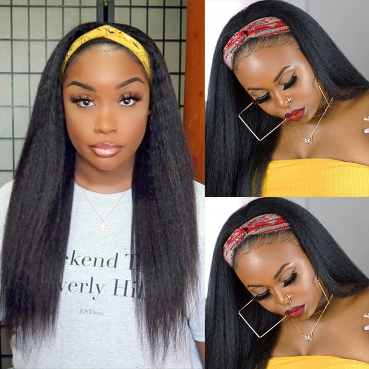 Yaki Straight Human Half Wigs With Headband Glueless Hair